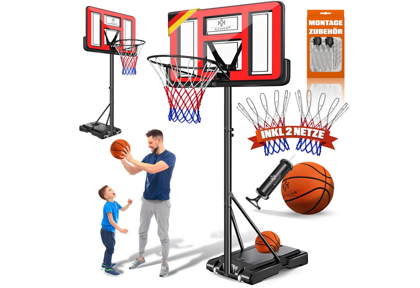 Kesser® Basketballkorb Höhenverstellbar 160-210 Cm, Mobil Mit Rollen - Rot