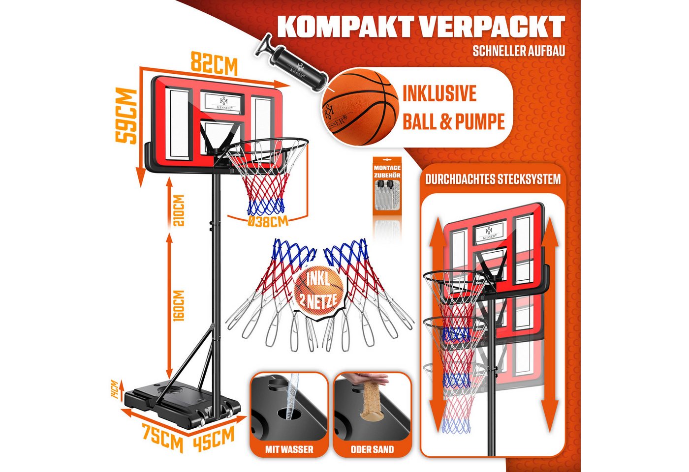 Kesser® Basketballkorb Höhenverstellbar 160-210 Cm, Mobil Mit Rollen - Rot Bild 2