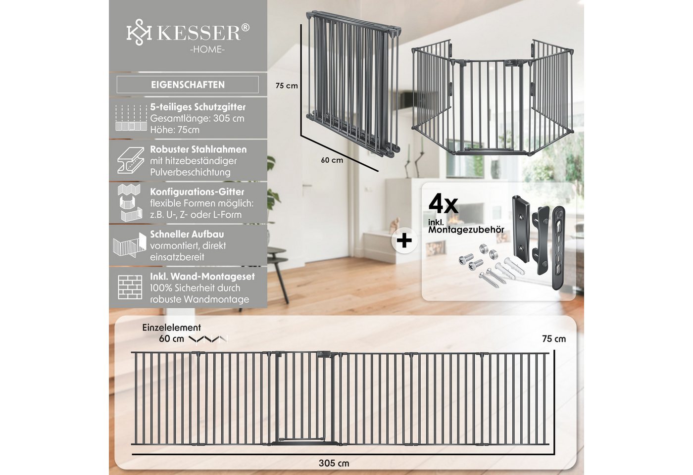 Kesser® Kaminschutzgitter Mit Tür, Metall, Ofenschutzgitter - Anthrazit Bild 2