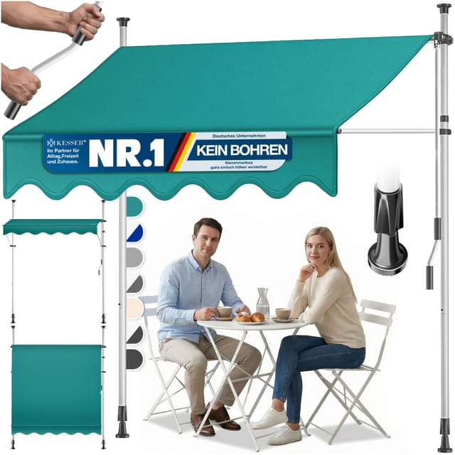 Kesser® Klemmmarkise Balkon Mit Handkurbel, Ohne Bohren - 350 Cm, Petrol Grün