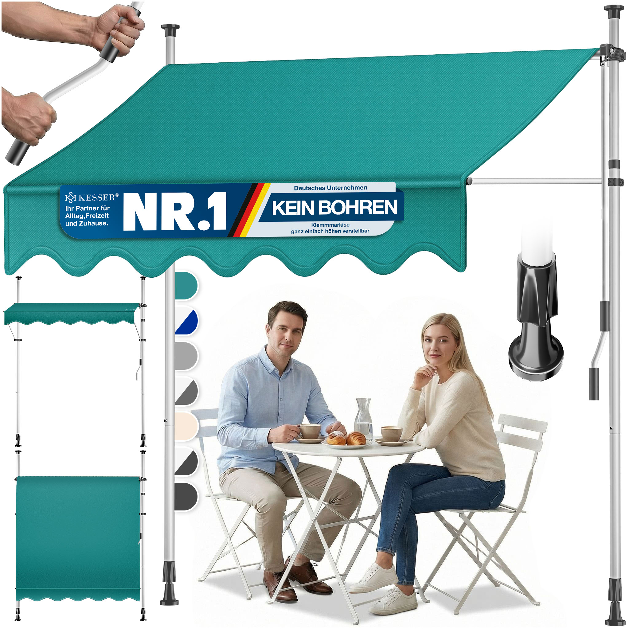 Kesser® Klemmmarkise Balkon Mit Handkurbel, Ohne Bohren - 250 Cm, Petrol Grün