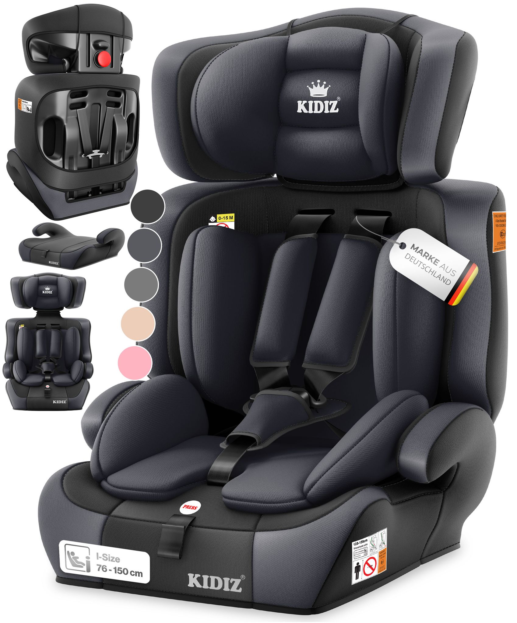 Kidiz® Autokindersitz Gruppe 1+2+3 9-36kg, 5-punkt-gurt, Verstellbare Kopfstütze - Anthrazit