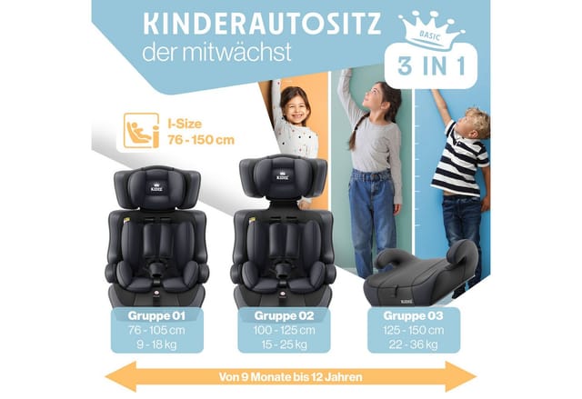 Kidiz® Autokindersitz Gruppe 1+2+3 9-36kg, 5-punkt-gurt, Verstellbare Kopfstütze - Anthrazit
