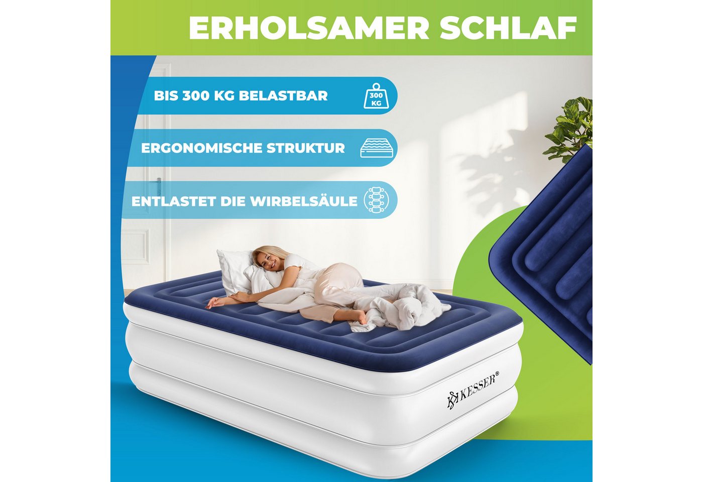 Kesser® Aufblasbare Matratze Luftbett Mit Eingebauter Elektrischer Pumpe - Blau / Weiß, Einzel