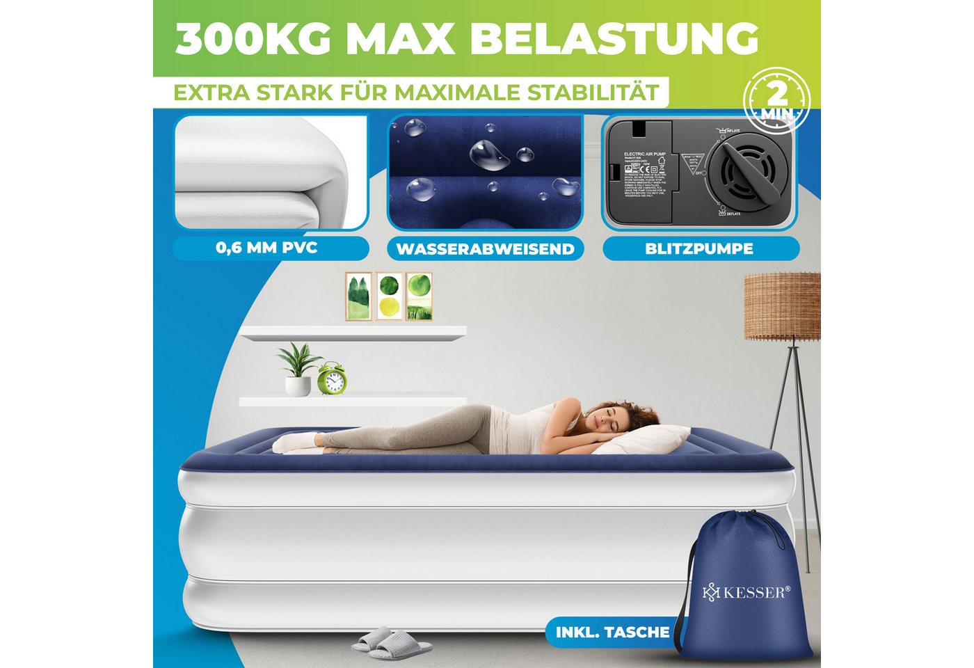 Kesser® Aufblasbare Matratze Luftbett Mit Eingebauter Elektrischer Pumpe - Blau / Weiß, Einzel Bild 2
