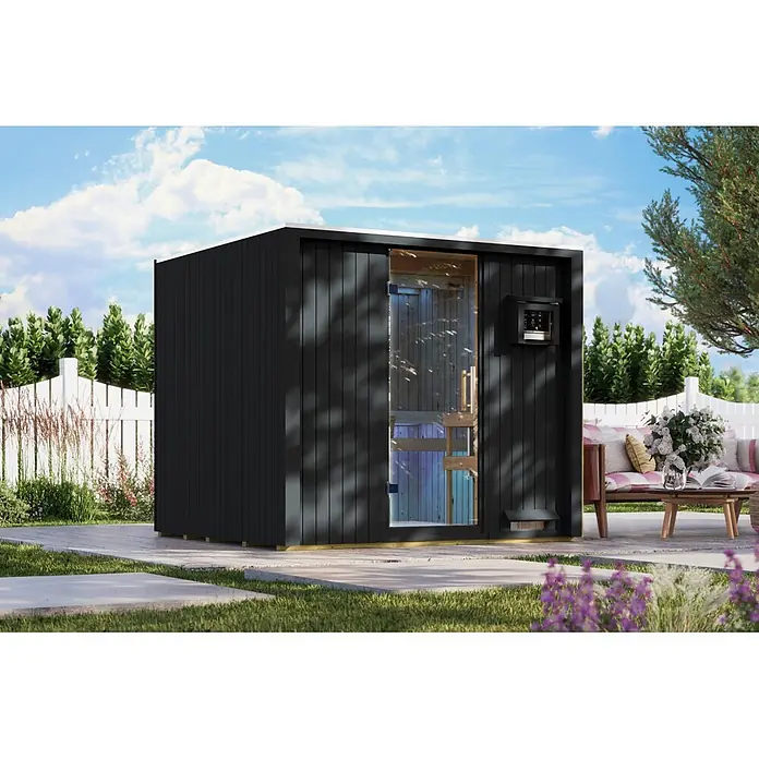Karibu Saunahaus Tim (9 KW Bio-Ofen mit externer Steuerung, Schwarz, L x B x H: 224 x 219,5 x 196 cm)