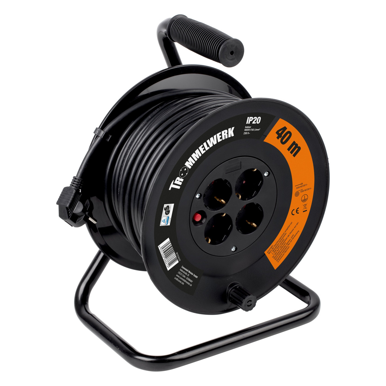 Trommelwerk Kabeltrommel Innen 40m H05VV-F3G1,5m schwarz 4x Schutzkontaktstecker