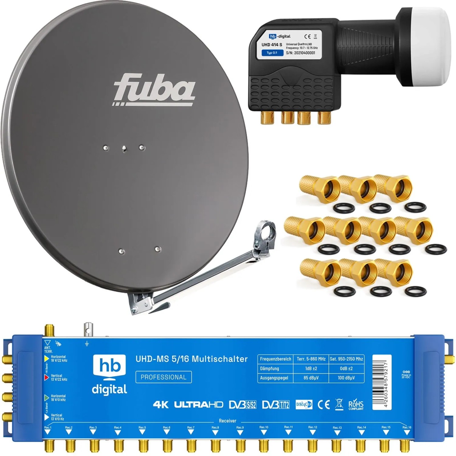 hb-digital SAT Anlage Fuba DAL 800 80cm mit Multischalter MS 5/16 und Quattro LNB Antrazit