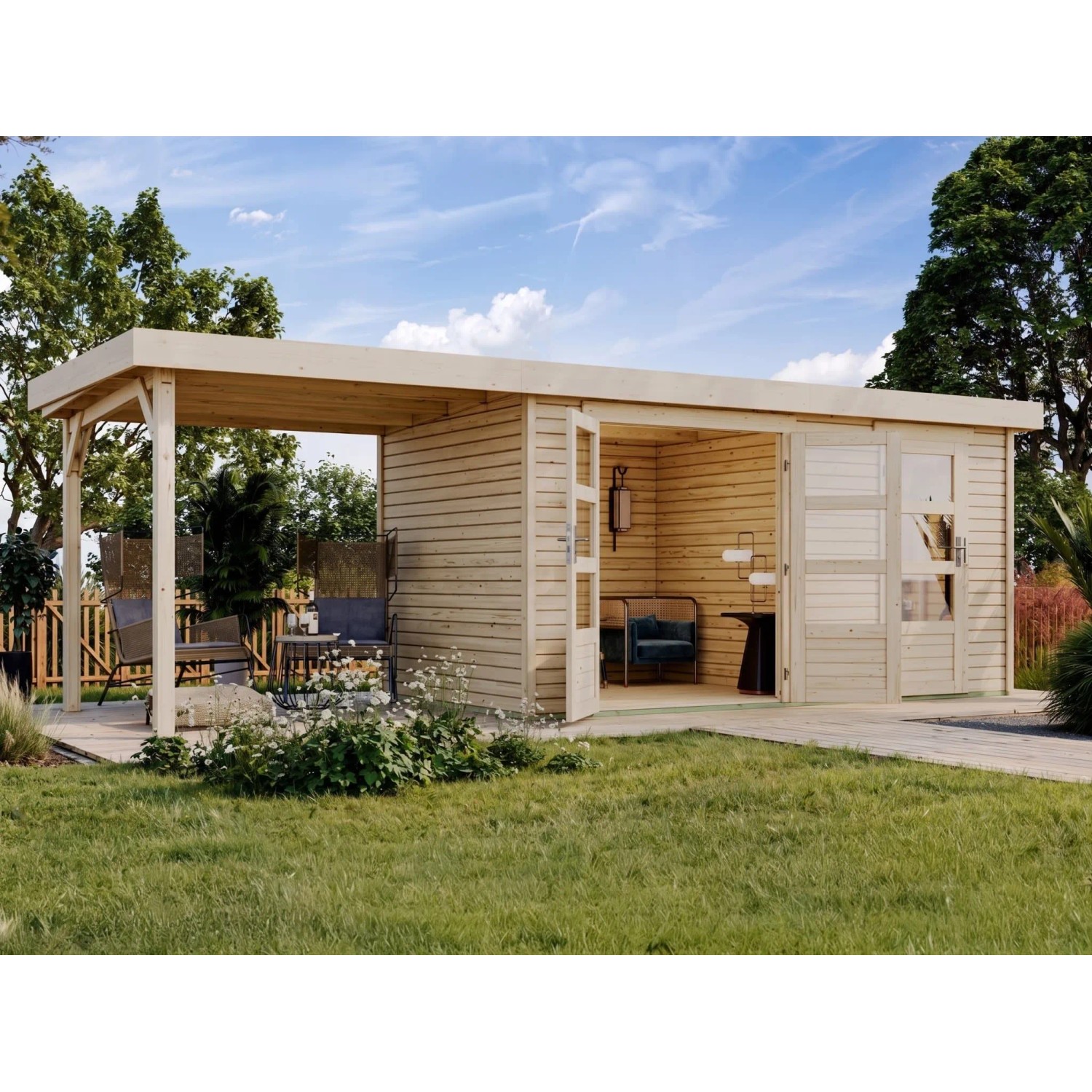 Karibu Gartenhaus Zweiraumhaus Nordhorn 19 mm Naturbelassen Inklusive 2,4 m Anbaudach