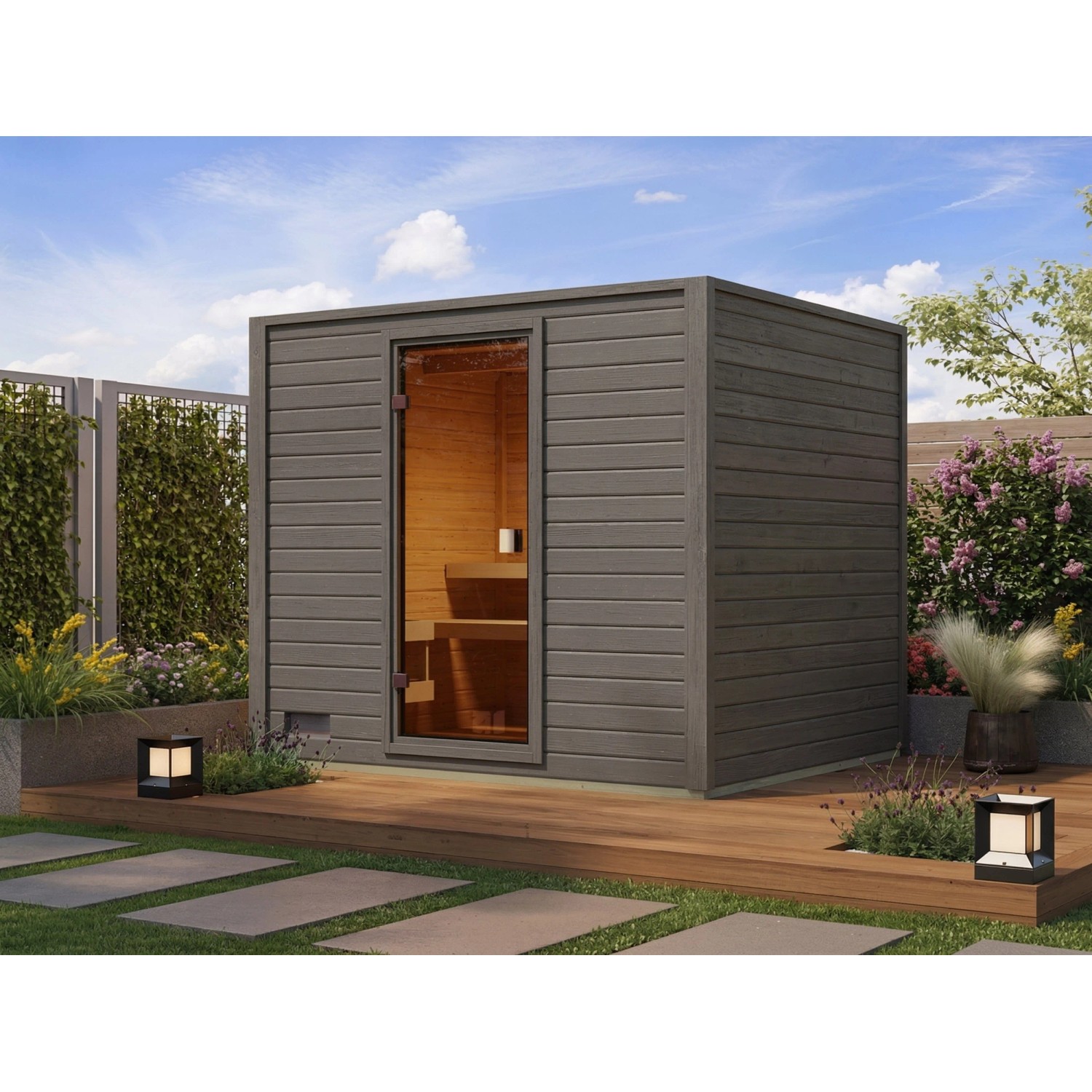 Karibu Gartensauna Lenchen 3 Terragrau mit Bronzierter Ganzglastür