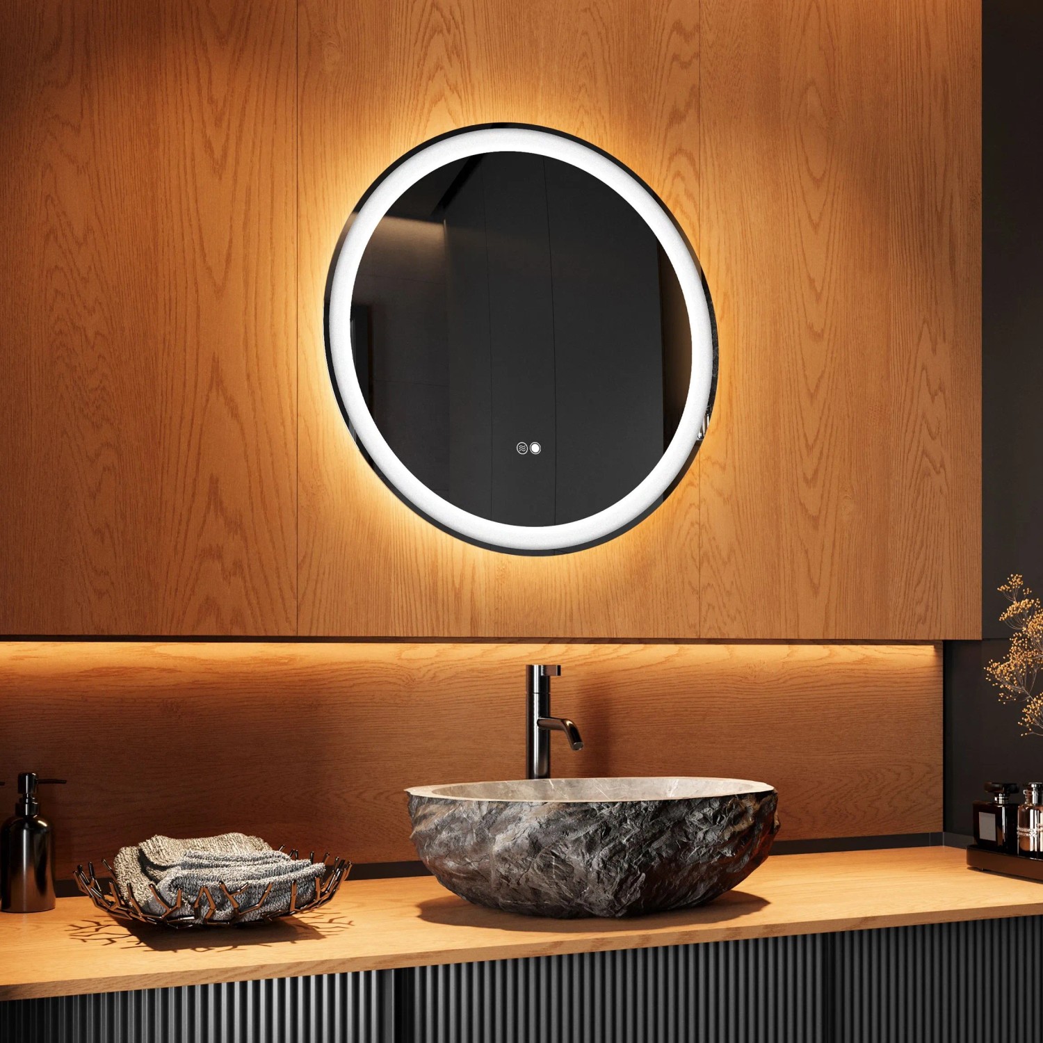 Artforma LED Badspiegel Rund 60x60 cm mit Beleuchtung Antibeschlag Touch 3 Lichtfarben Rahmenlos M001