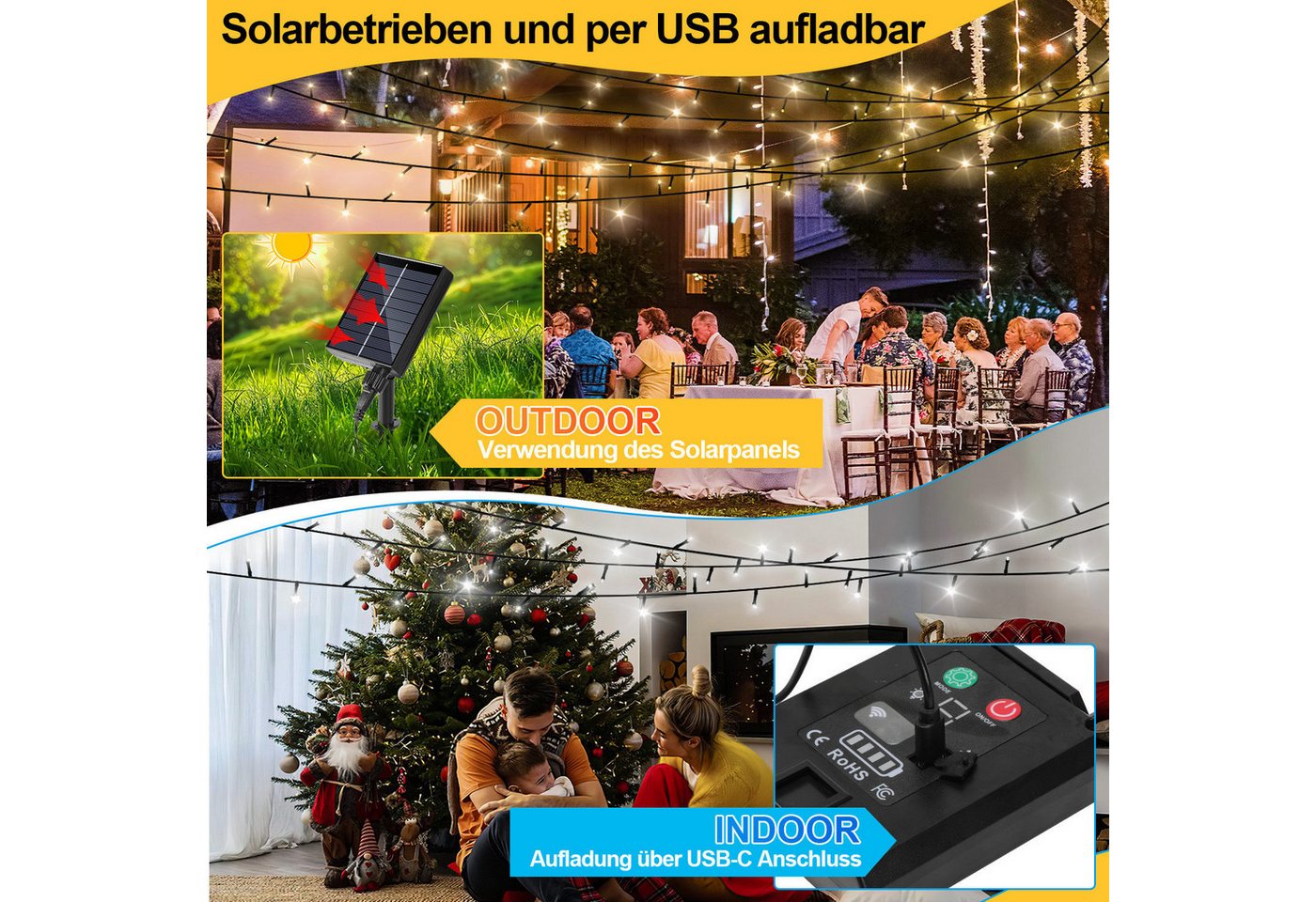 Clanmacy LED-Lichterkette 100M 1000LEDs LED-Lichterkette Solar Lichterkette Aussen Warmweiß, Weihnachten