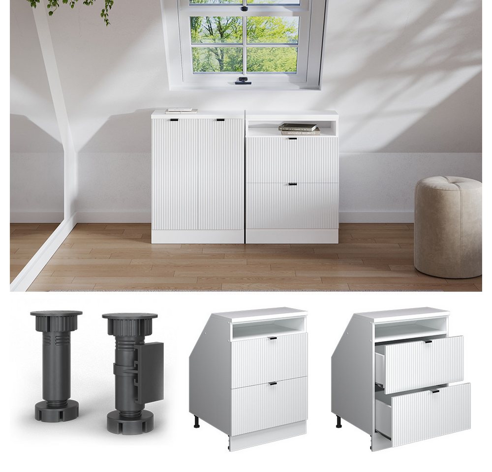 Vicco Kommode Rion, Weiß Riffel, 60 x 81.6 cm mit 2 Schubladen, Schrankkorpus 60... (1 St) Bild 3