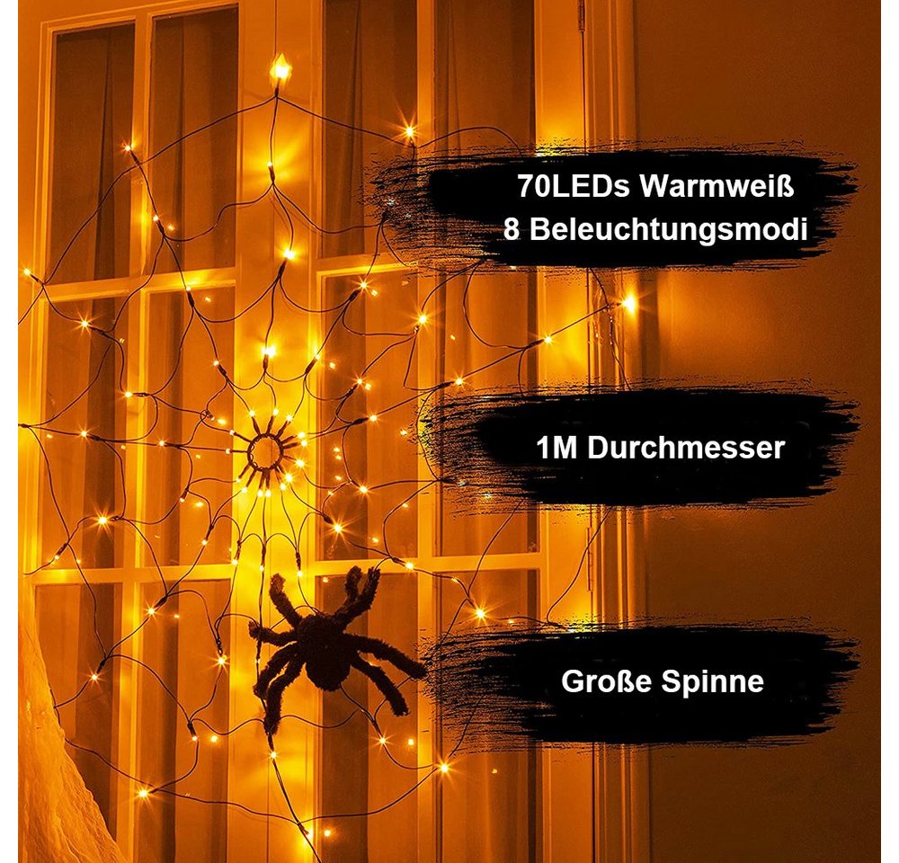 Rosnek LED-Lichterkette 1M Durchmesser, 8 Lichtmodi, für Party Hof Bar Weihnachten Deko, Zeitschaltfunktion, Spinnennetz Licht