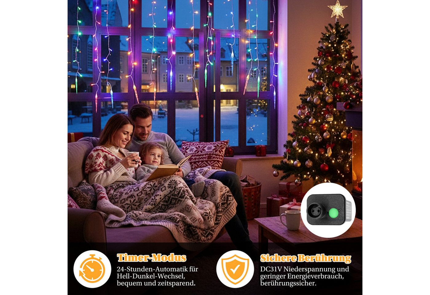 Rosnek LED-Lichtervorhang Eiszapfen-Anhänger, 8 Modi, Timer, für Traufe Weihnachtsdeko, Memory-Funktion, anschließbar, Niedrige Spannung, 96 LEDs, 3.5M