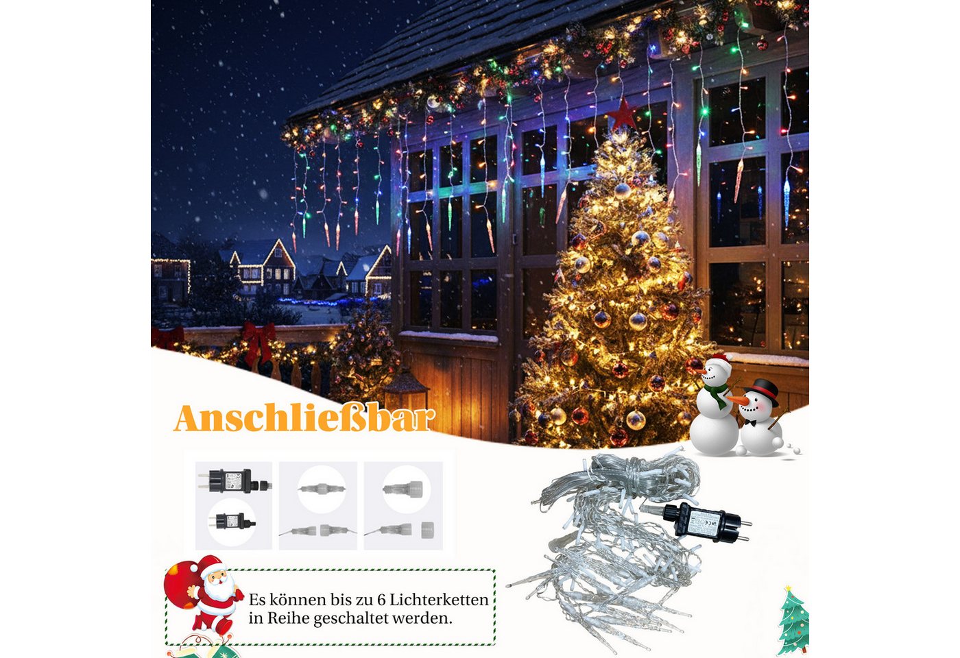 Rosnek LED-Lichtervorhang Eiszapfen-Anhänger, 8 Modi, Timer, für Traufe Weihnachtsdeko, Memory-Funktion, anschließbar, Niedrige Spannung, 96 LEDs, 3.5M Bild 2
