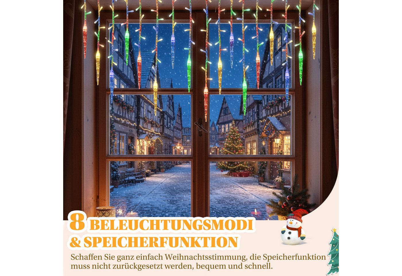 Rosnek LED-Lichtervorhang Eiszapfen-Anhänger, 8 Modi, Timer, für Traufe Weihnachtsdeko, Memory-Funktion, anschließbar, Niedrige Spannung, 96 LEDs, 3.5M Bild 3