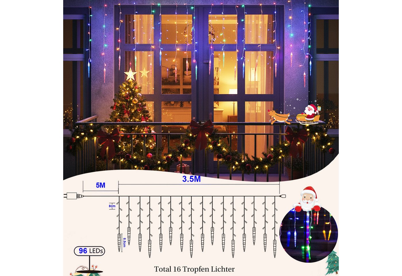 Rosnek LED-Lichtervorhang Eiszapfen-Anhänger, 8 Modi, Timer, für Traufe Weihnachtsdeko, Memory-Funktion, anschließbar, Niedrige Spannung, 96 LEDs, 3.5M Bild 4