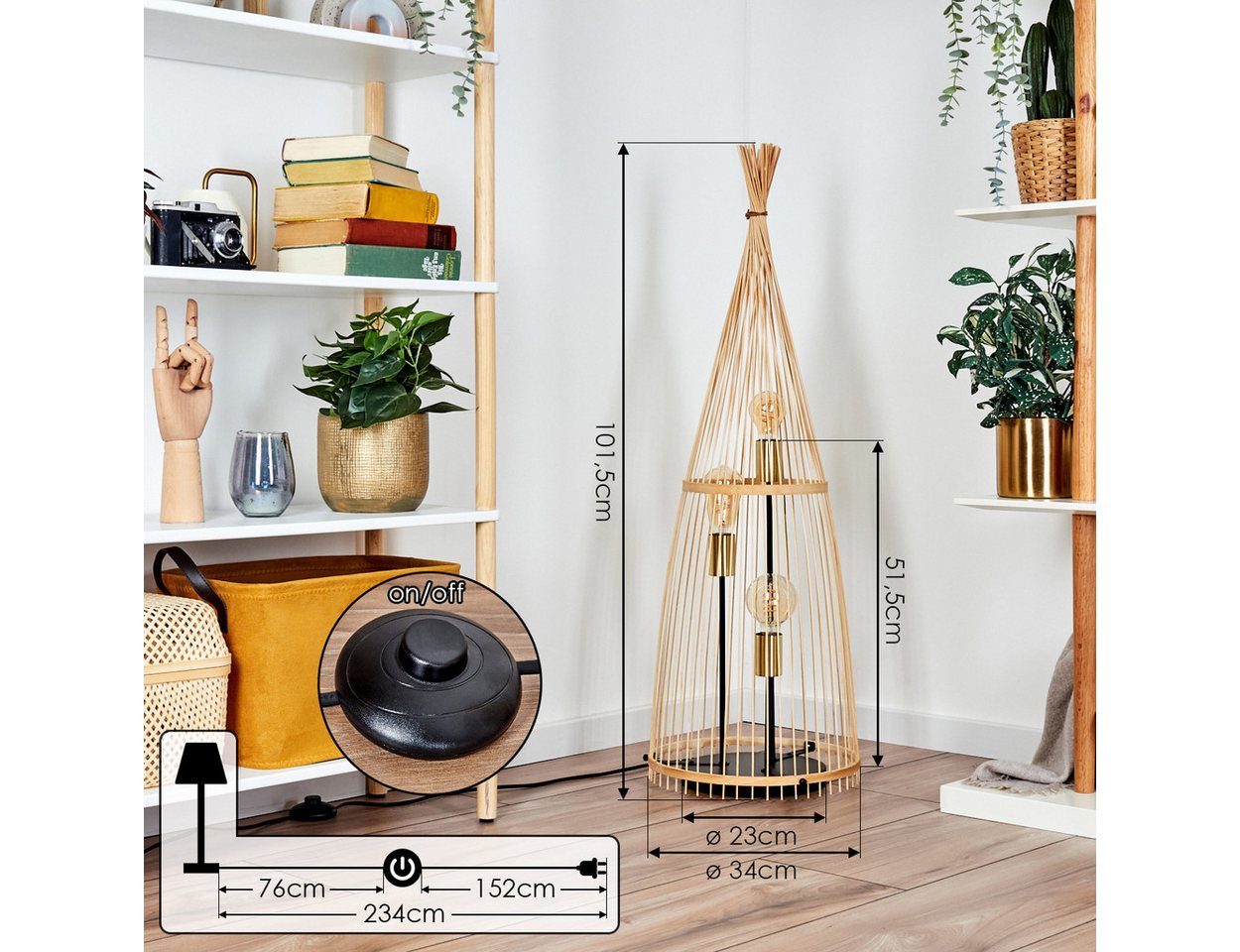 hofstein Stehlampe moderne Stehleuchte aus Metall/Bambus in Schwarz/Naturfarben, ohne Leuchtmittel, Boho-Style, Fußschalter am Kabel, Ø 34 cm, 3 x E27, ohne Leuchtmittel