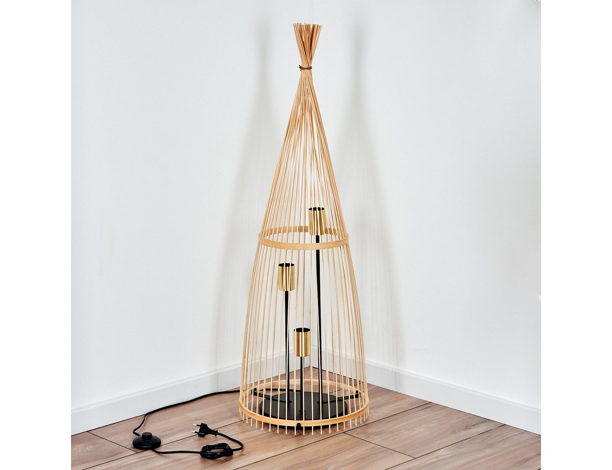 hofstein Stehlampe moderne Stehleuchte aus Metall/Bambus in Schwarz/Naturfarben, ohne Leuchtmittel, Boho-Style, Fußschalter am Kabel, Ø 34 cm, 3 x E27, ohne Leuchtmittel Bild 2