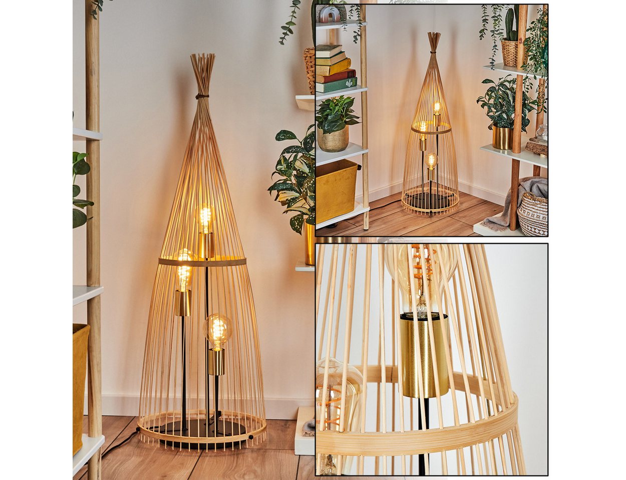 hofstein Stehlampe moderne Stehleuchte aus Metall/Bambus in Schwarz/Naturfarben, ohne Leuchtmittel, Boho-Style, Fußschalter am Kabel, Ø 34 cm, 3 x E27, ohne Leuchtmittel Bild 5