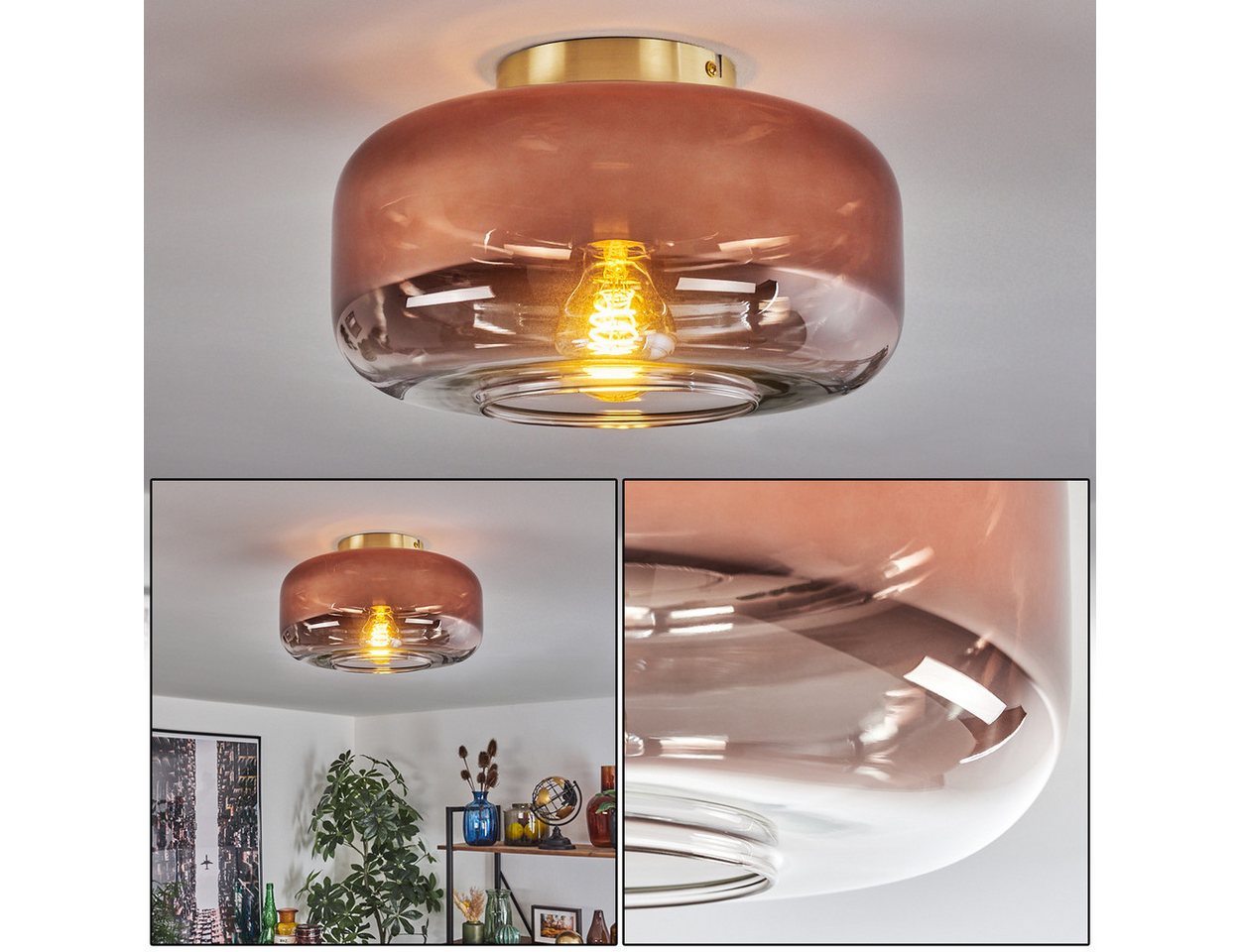 hofstein Deckenleuchte runde Deckenlampe aus Metall/Glas in Messingfarben/Kupferfarben/Klar, ohne Leuchtmittel, Retro/Vintage, mit Schirm aus Glas (28cm), 1x E27, ohne Leuchtmittel