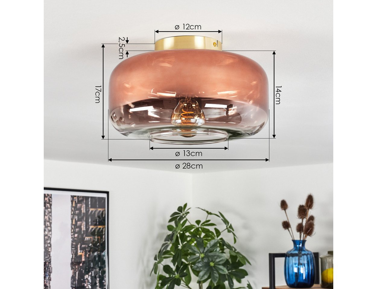 hofstein Deckenleuchte runde Deckenlampe aus Metall/Glas in Messingfarben/Kupferfarben/Klar, ohne Leuchtmittel, Retro/Vintage, mit Schirm aus Glas (28cm), 1x E27, ohne Leuchtmittel Bild 3