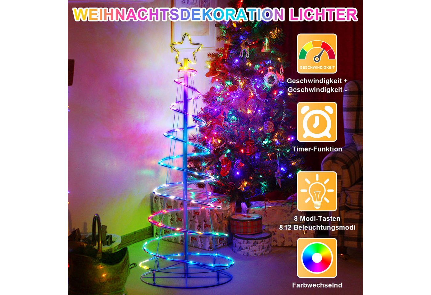 Jibenhome LED Baum Spirale Weihnachtsbaum, 8 Modi Lichterkette mit USB und Timer, 1.2M/1.5M/1.8M LED Baum mit Fernbedienun für Weihnachtsdekoration Bild 4