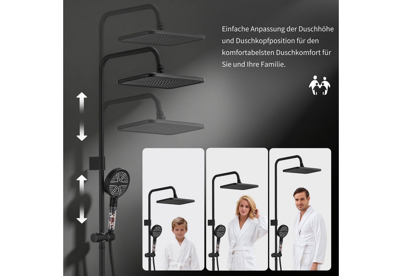 HOMELODY Duschsystem mit Badewannenarmatur, 30×20 cm Regendusche, 6-Strahl-Handbrause, SUS304 Edelstahl, höhenverstellbar, Filter-Handbrause, Schwarz