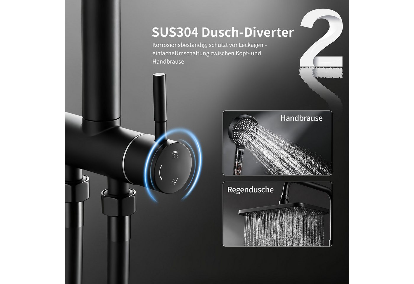HOMELODY Duschsystem mit Badewannenarmatur, 30×20 cm Regendusche, 6-Strahl-Handbrause, SUS304 Edelstahl, höhenverstellbar, Filter-Handbrause, Schwarz Bild 3