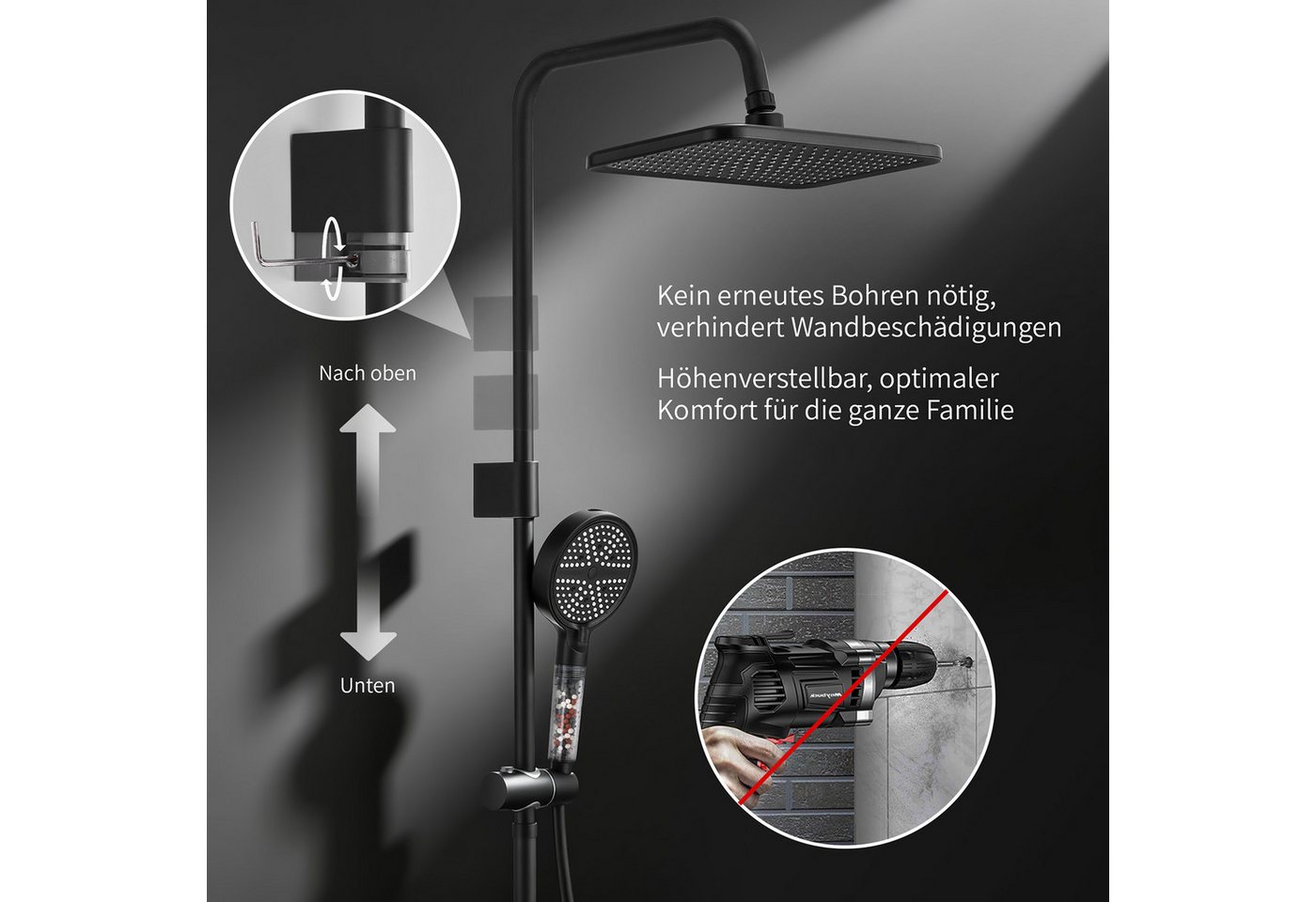 HOMELODY Duschsystem mit Badewannenarmatur, 30×20 cm Regendusche, 6-Strahl-Handbrause, SUS304 Edelstahl, höhenverstellbar, Filter-Handbrause, Schwarz Bild 4