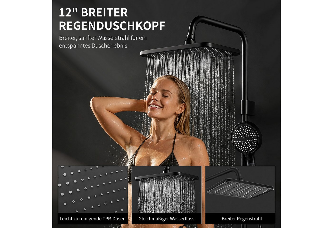 HOMELODY Duschsystem mit Badewannenarmatur, 30×20 cm Regendusche, 6-Strahl-Handbrause, SUS304 Edelstahl, höhenverstellbar, Filter-Handbrause, Schwarz Bild 5