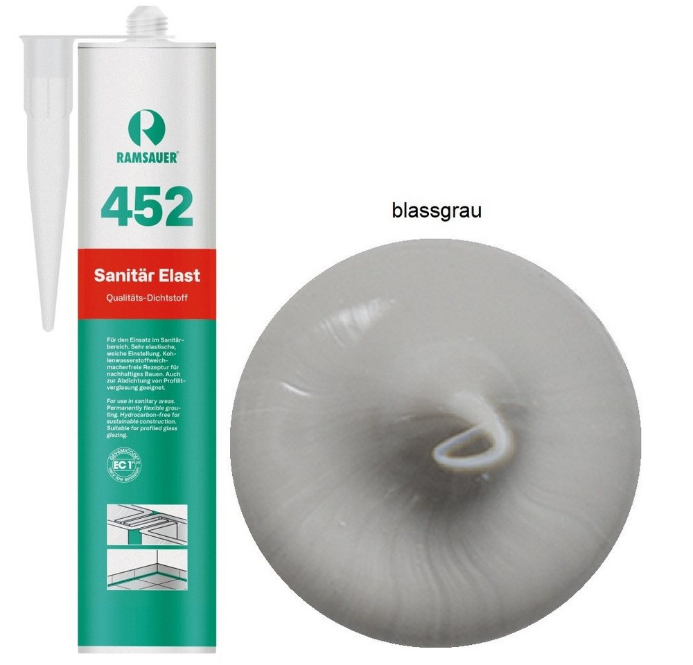 Ramsauer Dichtstoff Ramsauer 452 Sanitär Elast Silikondichtstoff 310ml Kartusche Blassgrau, gebrauchsfertig, Gute Haftung auf glatten Oberflächen, Innen und Aussen Bild 4