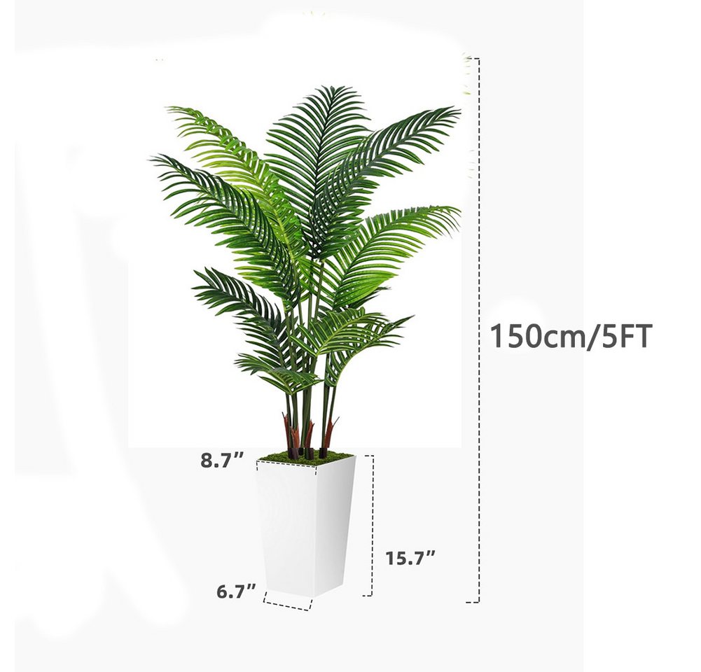 Künstliche Zimmerpflanze Künstliche Pflanzen Palme Baum,Kunst-Areca Palme Pflanzen Weiß Topf, GarveeMore, Höhe 150 cm, 150/180CM Plastik Künstliche Palme Wie Echt Fake Pflanzen Deko