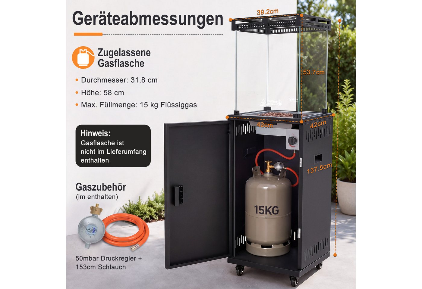 ZMH Heizstrahler Schwarz, 10/13 KW Gas, einfach zu bewegen, temperaturregulierbar, 5-13KW stufenlos, 20-60m², für 15kg Gasflaschen, mit Lenkrollen Bild 2