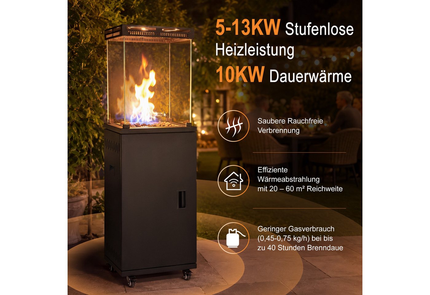 ZMH Heizstrahler Schwarz, 10/13 KW Gas, einfach zu bewegen, temperaturregulierbar, 5-13KW stufenlos, 20-60m², für 15kg Gasflaschen, mit Lenkrollen Bild 3