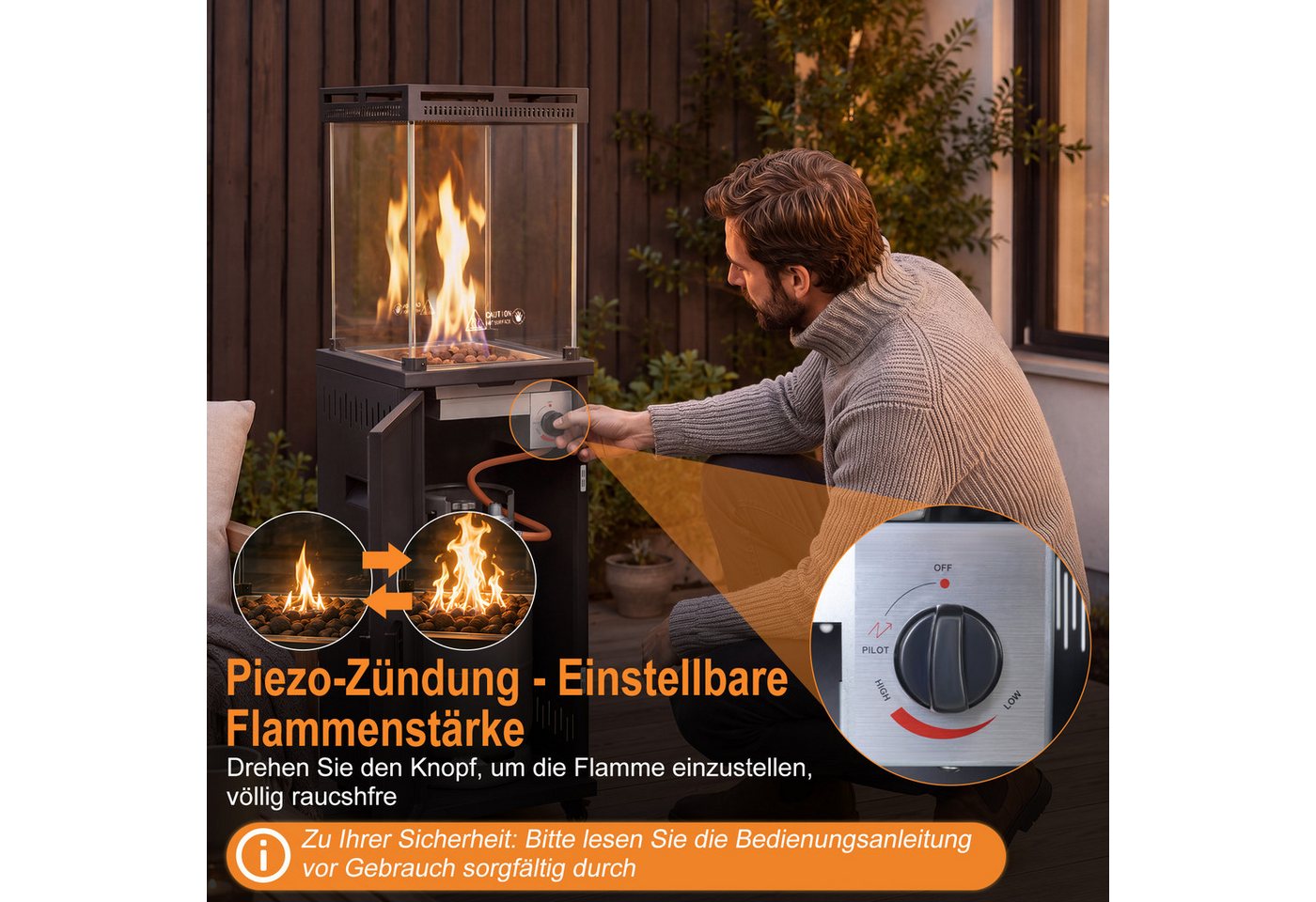 ZMH Heizstrahler Schwarz, 10/13 KW Gas, einfach zu bewegen, temperaturregulierbar, 5-13KW stufenlos, 20-60m², für 15kg Gasflaschen, mit Lenkrollen Bild 5