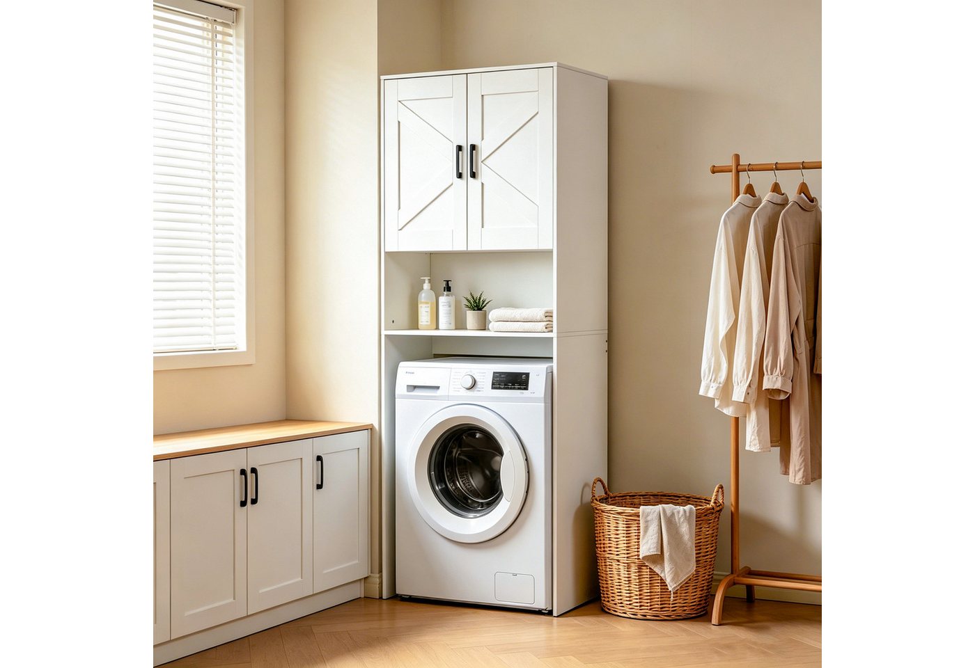 Hyaapwod Waschmaschinenunterschrank Waschmaschinenschrank mit 2 Türen und offenem Fach (1-St) mit X-Muster und langen schwarzen Griffen Bild 3