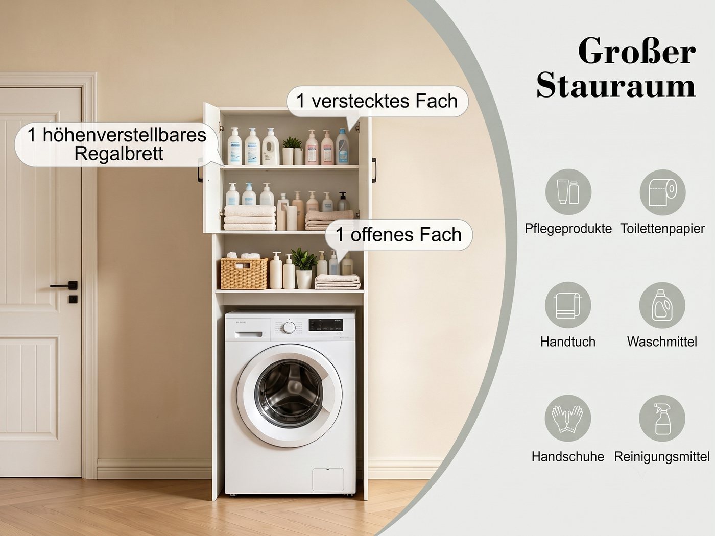 Hyaapwod Waschmaschinenunterschrank Waschmaschinenschrank mit 2 Türen und offenem Fach (1-St) mit X-Muster und langen schwarzen Griffen Bild 4
