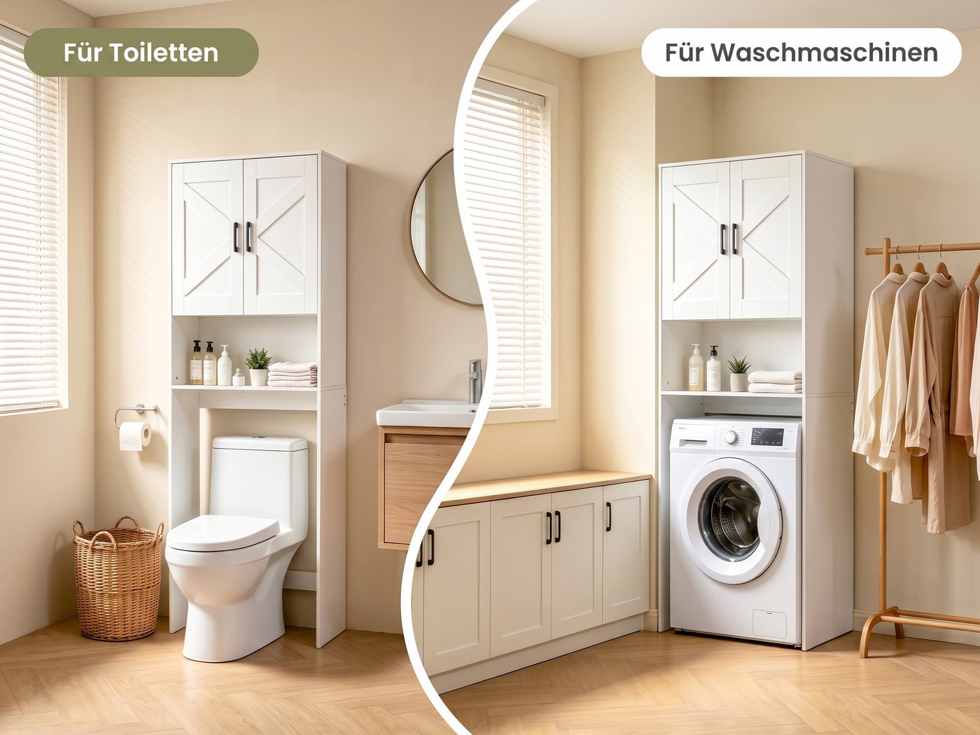 Hyaapwod Waschmaschinenunterschrank Waschmaschinenschrank mit 2 Türen und offenem Fach (1-St) mit X-Muster und langen schwarzen Griffen Bild 5