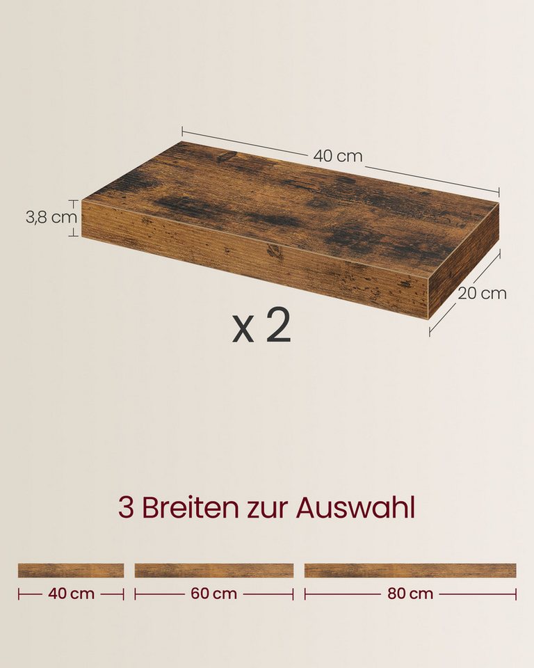 VASAGLE Wandregal Schweberegal, Regalbrett, 40/60/80 cm, 1/2/3er Set, 2-tlg., 20 x 40 x 3,8 cm, für Wohnzimmer, für Bilderrahmen, Regalbrett, Deko Bild 4