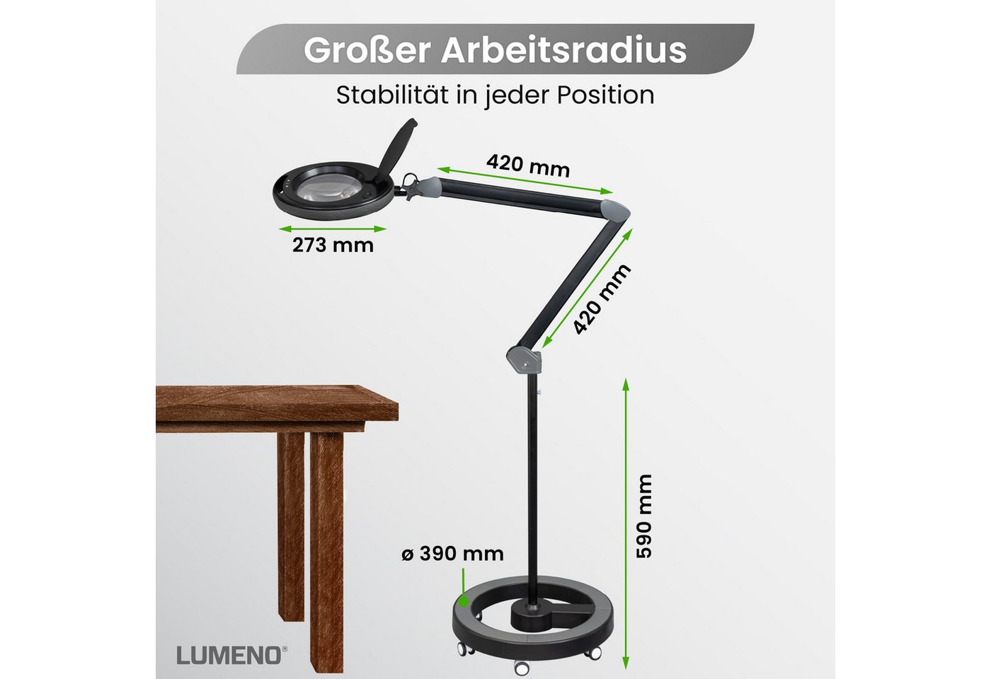 Lumeno Lupenlampe 851X dimmbare LED-Lupenleuchte, 152 mm kristallklare Linse, LED fest integriert, Kaltweiß, 6500 K Bild 3