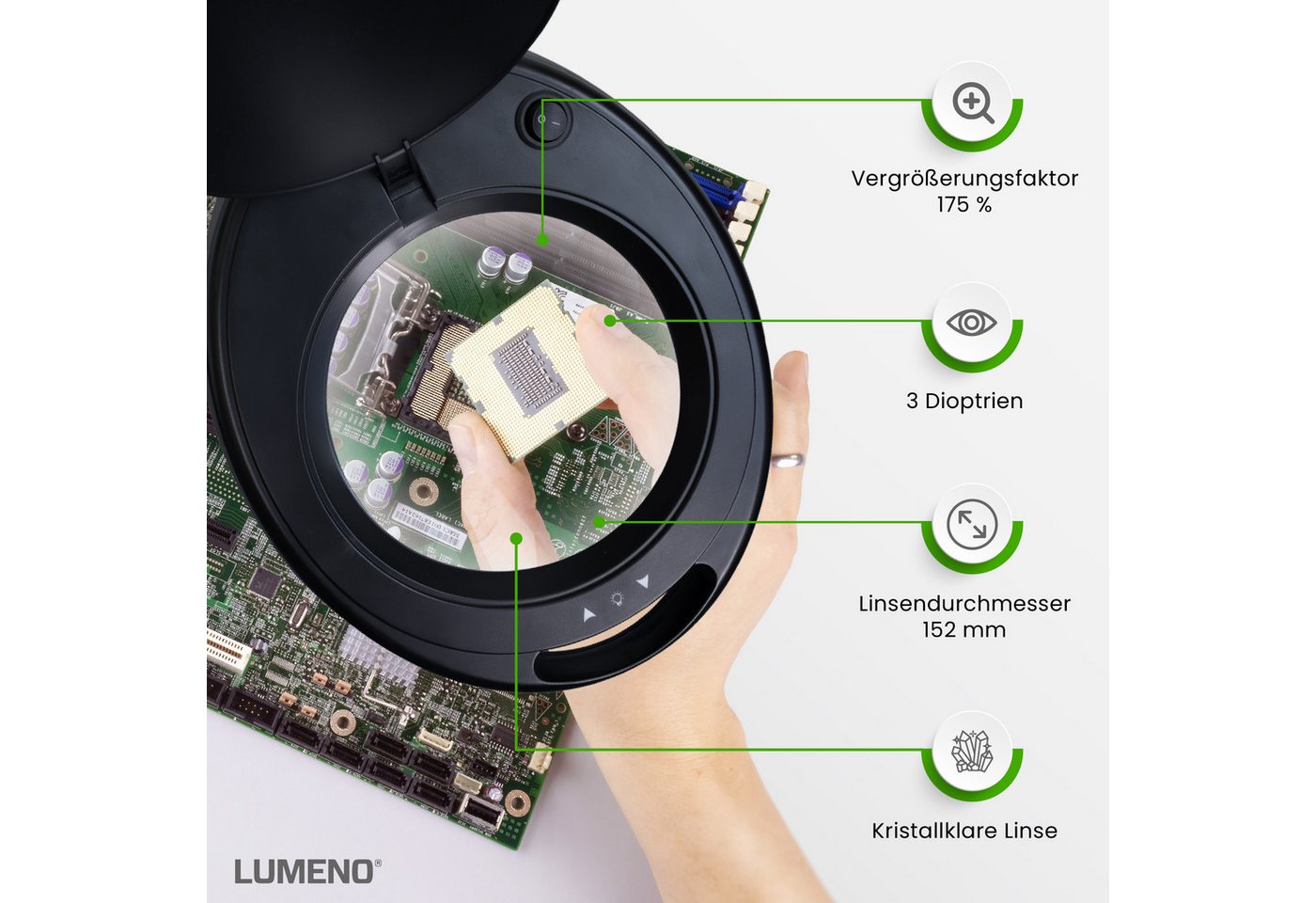 Lumeno Lupenlampe 851X dimmbare LED-Lupenleuchte, 152 mm kristallklare Linse, LED fest integriert, Kaltweiß, 6500 K Bild 4