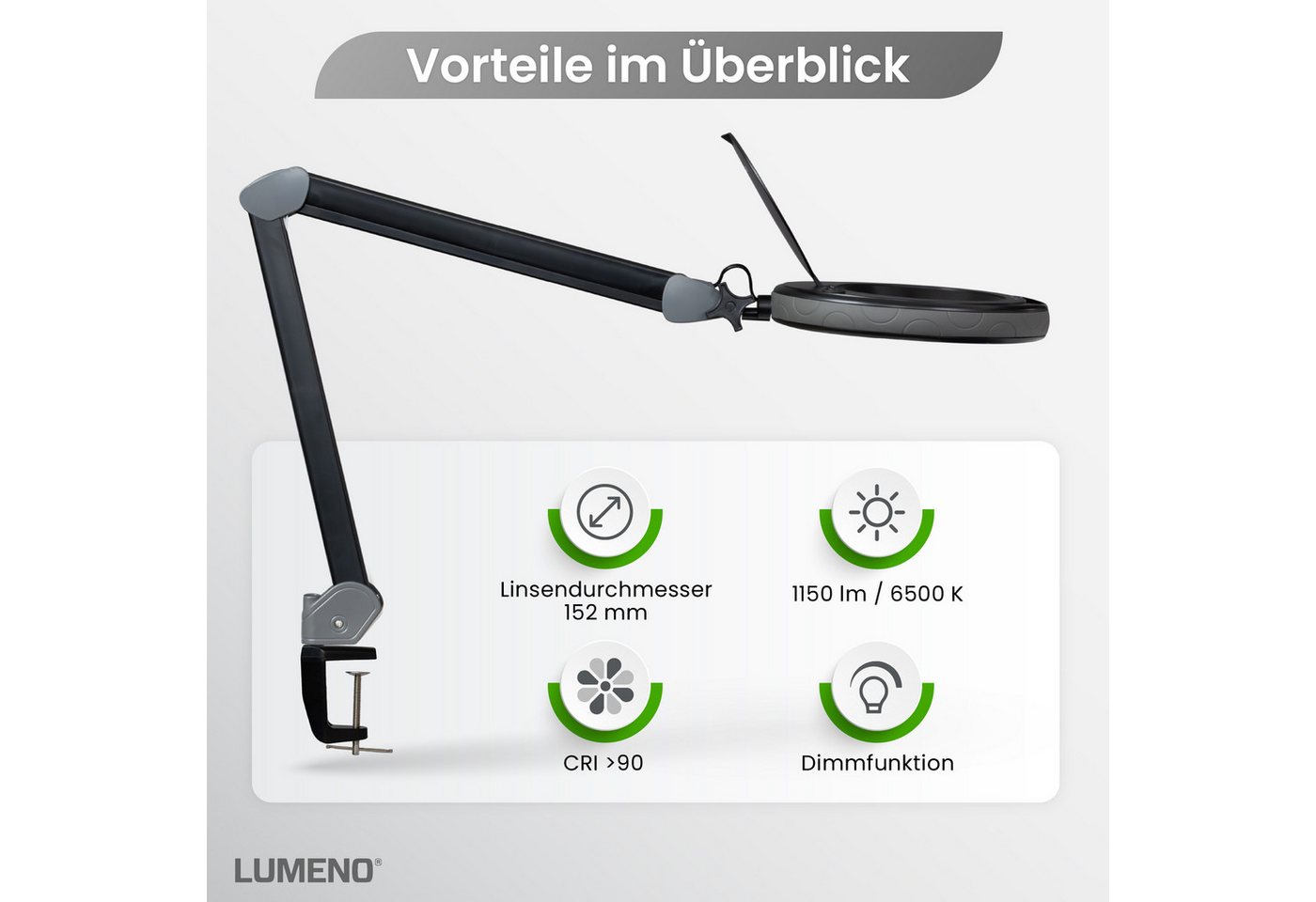 Lumeno Lupenlampe 851X dimmbare LED-Lupenleuchte, 152 mm kristallklare Linse, LED fest integriert, Kaltweiß, 6500 K Bild 5