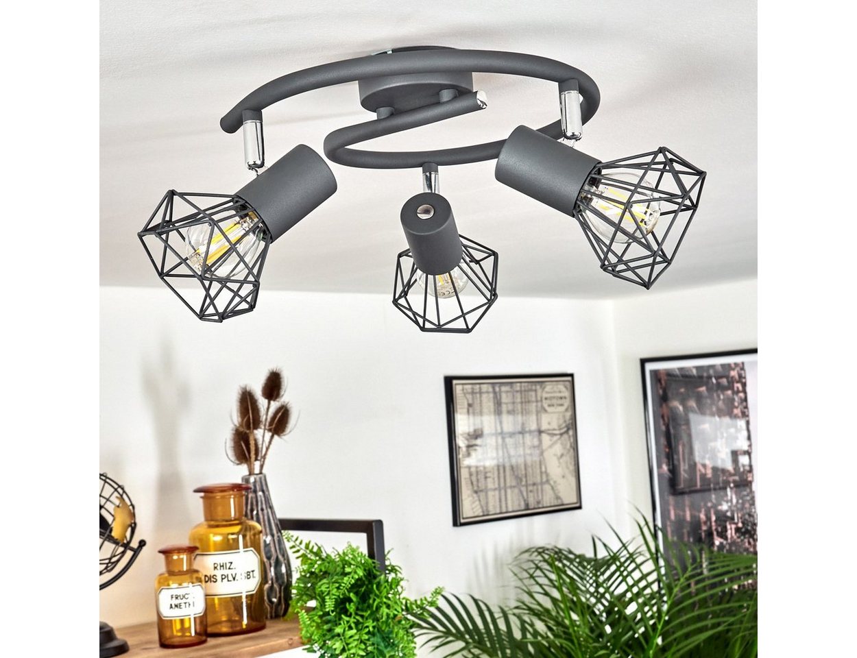 hofstein Deckenleuchte »Voltri« runde Deckenlampe aus Metall in Anthrazit/Chromfarben, ohne Leuchtmittel, moderne Leuchte m. Schirmen in Gitter-Optik u. Lichteffekt, 3xE14