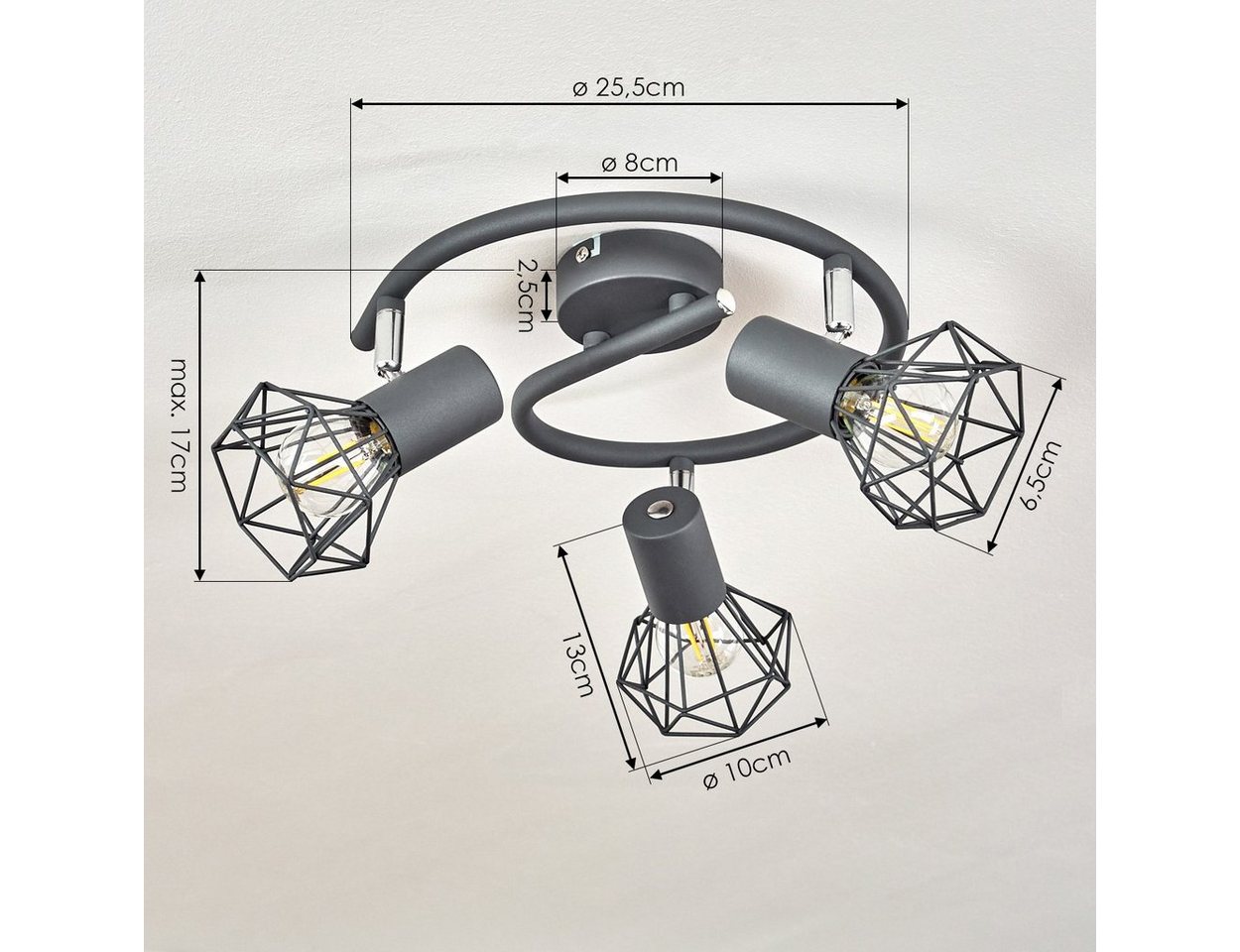 hofstein Deckenleuchte »Voltri« runde Deckenlampe aus Metall in Anthrazit/Chromfarben, ohne Leuchtmittel, moderne Leuchte m. Schirmen in Gitter-Optik u. Lichteffekt, 3xE14 Bild 3