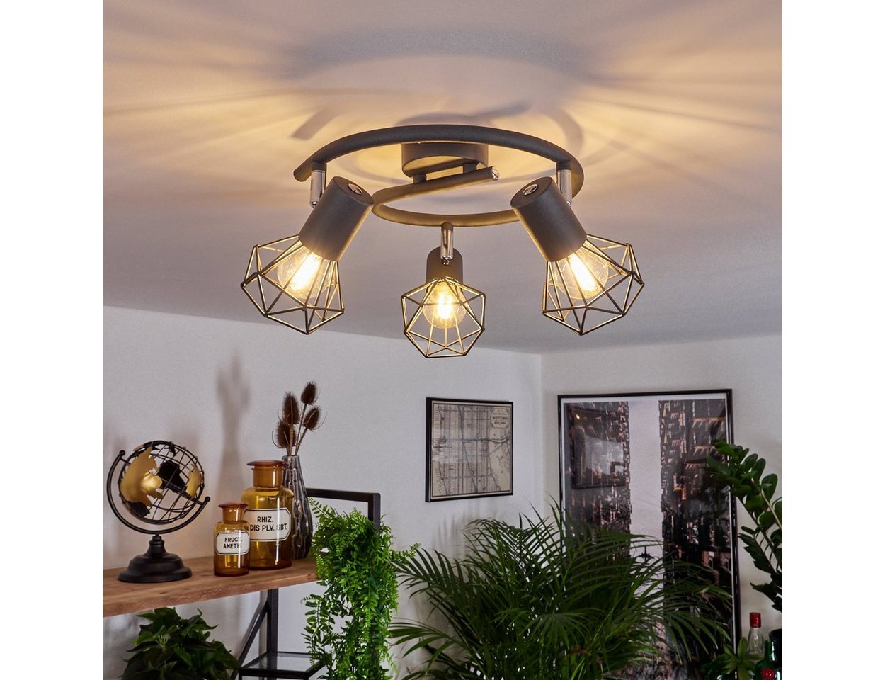 hofstein Deckenleuchte »Voltri« runde Deckenlampe aus Metall in Anthrazit/Chromfarben, ohne Leuchtmittel, moderne Leuchte m. Schirmen in Gitter-Optik u. Lichteffekt, 3xE14 Bild 5