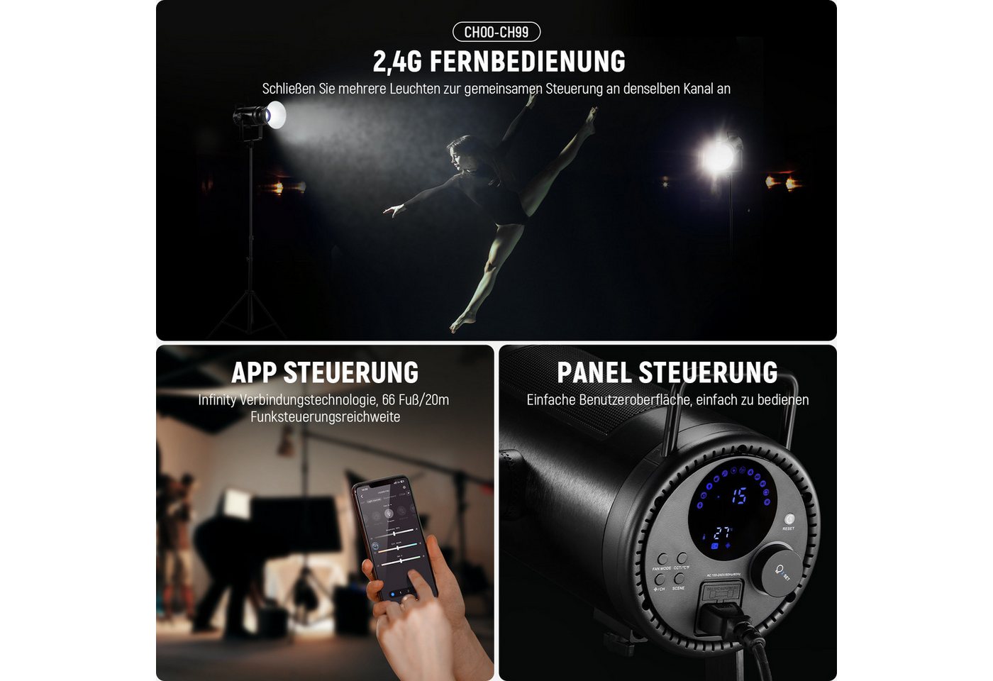 Neewer Videoleuchte CB200B 210W COB Bi-Color LED Videoleuchte Studiolicht, mit 2,4G/APP Fernbedienung, 2700K-6500K, CRI97+, 12 Effekte