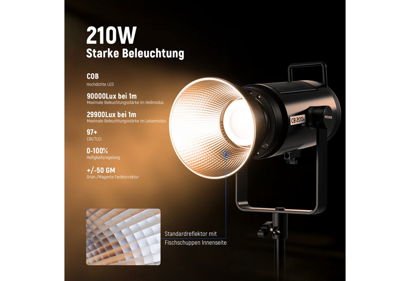 Neewer Videoleuchte CB200B 210W COB Bi-Color LED Videoleuchte Studiolicht, mit 2,4G/APP Fernbedienung, 2700K-6500K, CRI97+, 12 Effekte Bild 3