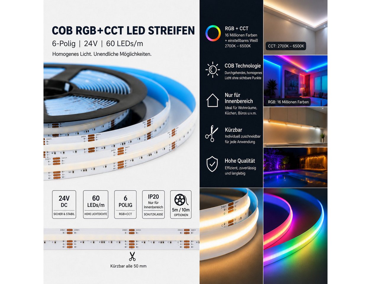 GTV LED Stripe 24V COB RGB+CCT LED Strip Punktfreie Durchgehende Farbwechsel dimmbar, Punktfreie COB-Lichtlinie, alle 5 cm kürzbar, RGB-CCT 24 Volt